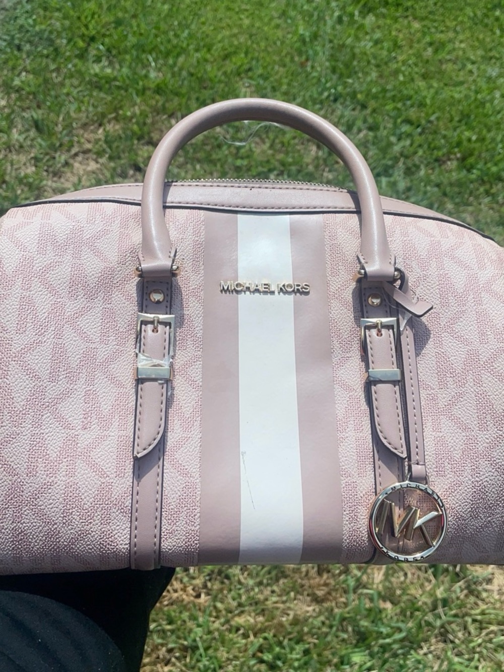 Michael Kors Light Pink Dome Satchel with White Stripe